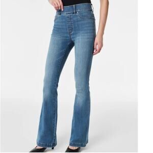 Spanx Jeans Womens Large Tall Blue Vintage Indigo Pull On Flare Shaping Denim